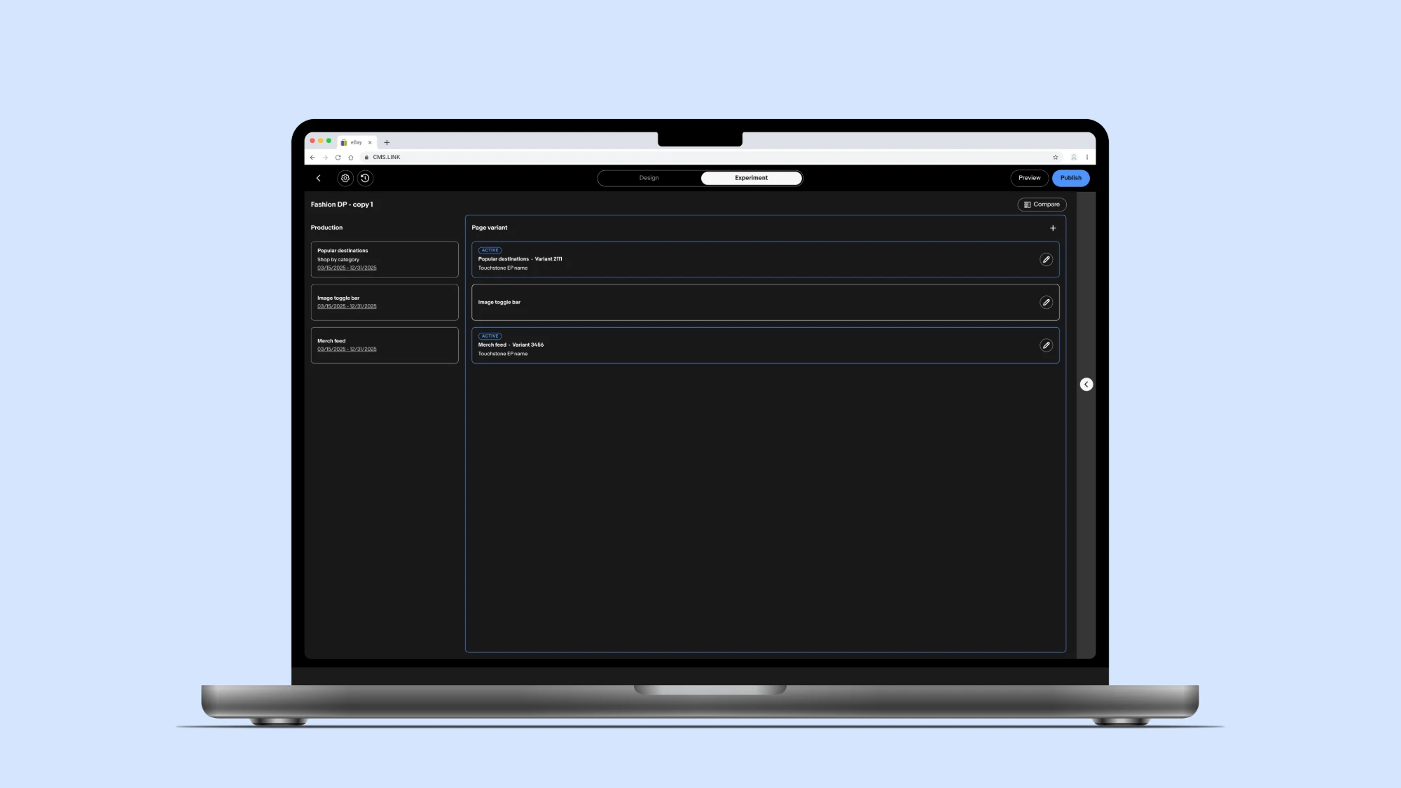 Experiment mode in Nova on a laptop